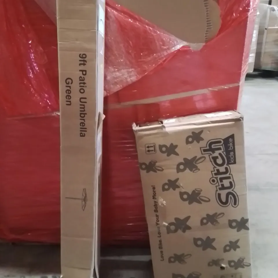 PALLET OF ASSORTED HOUSEHOLD GOODS AND PRODUCTS TO INCLUDE;KIDS BIKE,PATIO UMBRELLA 