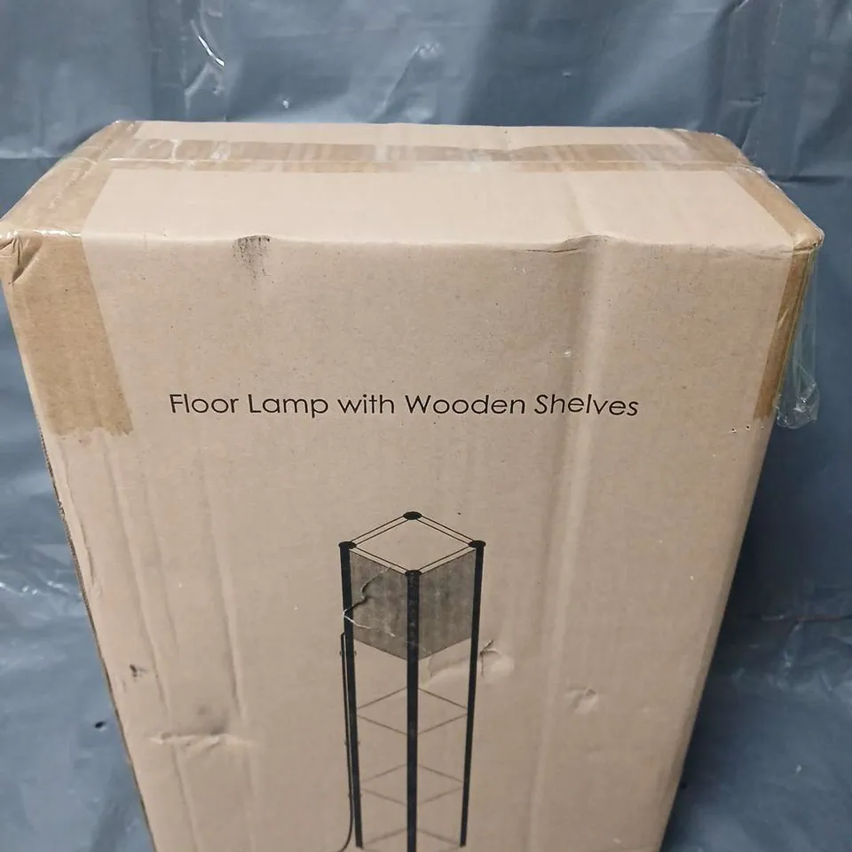 BOXED FLOOR LAMP WITH WOODEN SHELVES