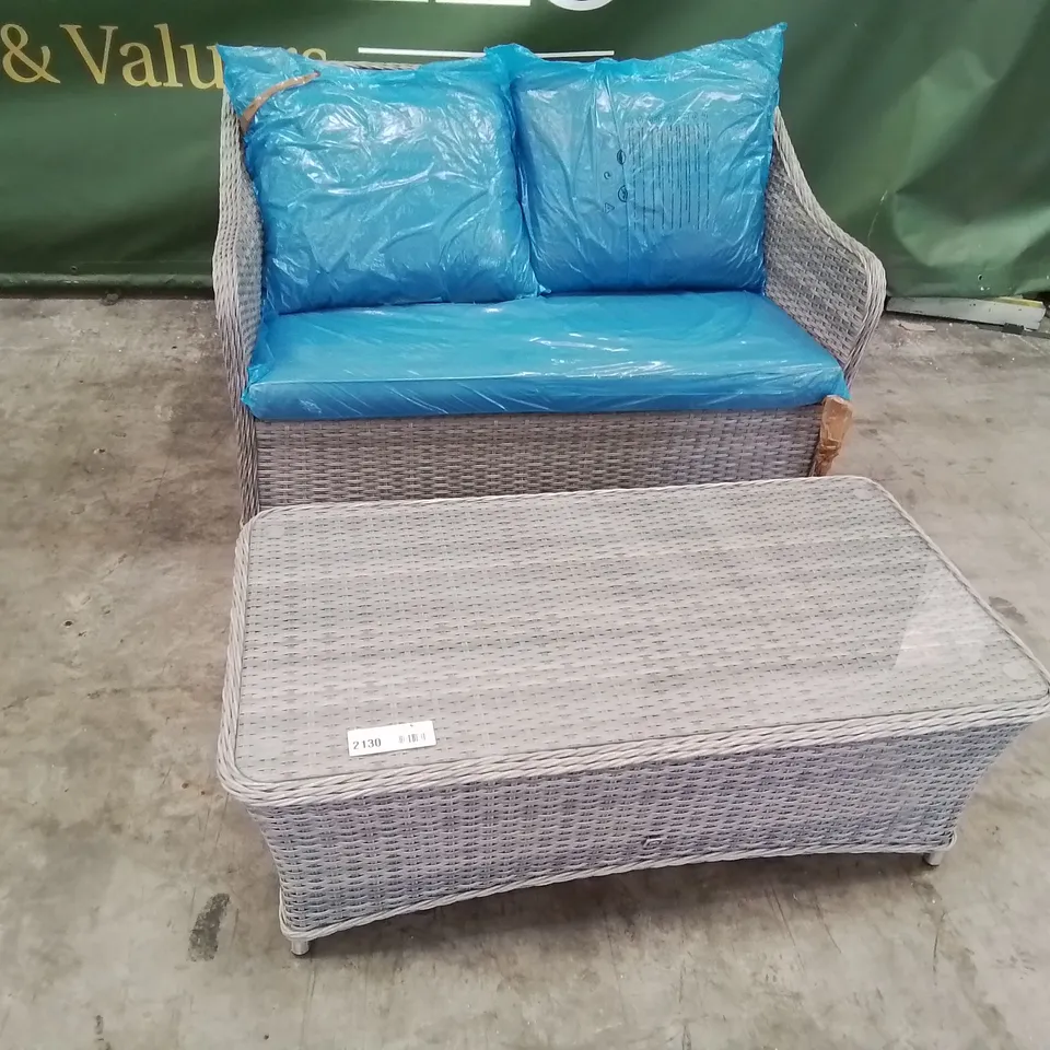 DESIGNER GREY RATTAN COFFEE SET OF TWO SEATER SOFA WITH CUSHIONS & GLASS TOP COFFEE TABLE 