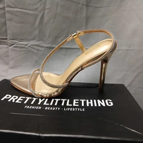 PRETTYLITTLETHING GOLD METALLIC STRAPPY HEELED SANDALS, UK4 (EU37/US6) CN02779