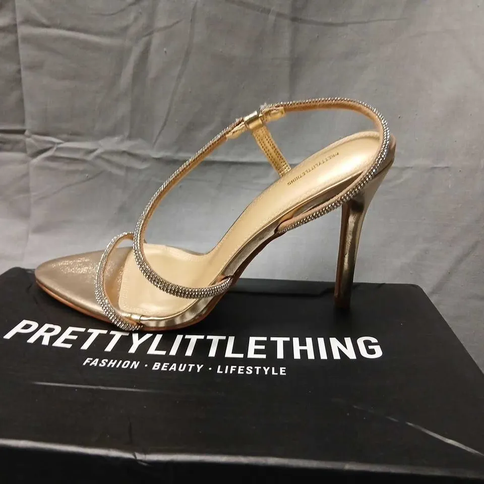 PRETTYLITTLETHING GOLD METALLIC STRAPPY HEELED SANDALS, UK4 (EU37/US6) CN02779