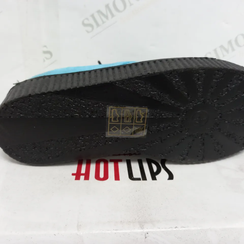 BOXED PAIR OF LIGHT BLUE BLACK PRINT WEDGED SHOES SIZE 4