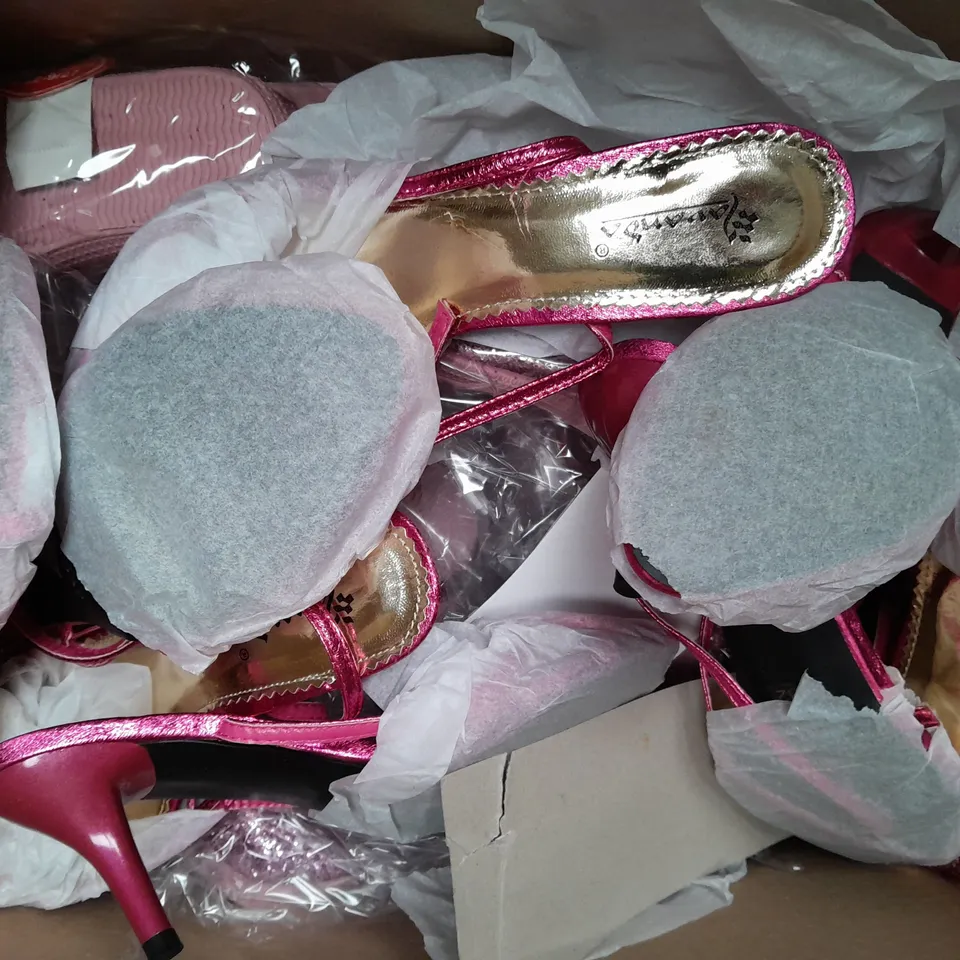 BOX OF APPROXIMATELY 10 ASSORTED PAIRS OF SHOES AND FOOTWEAR ITEMS IN VARIOUS STYLES AND SIZES TO INCLUDE GIRL2GIRL, AVANDA, ETC