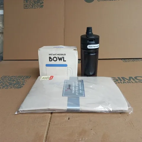 BOX OF APPROXIMATELY 25 ASSORTED ITEMS TO INCLUDE INSTANT NOODLES BOWL, BEDDING, WATER BOTTLE ETC