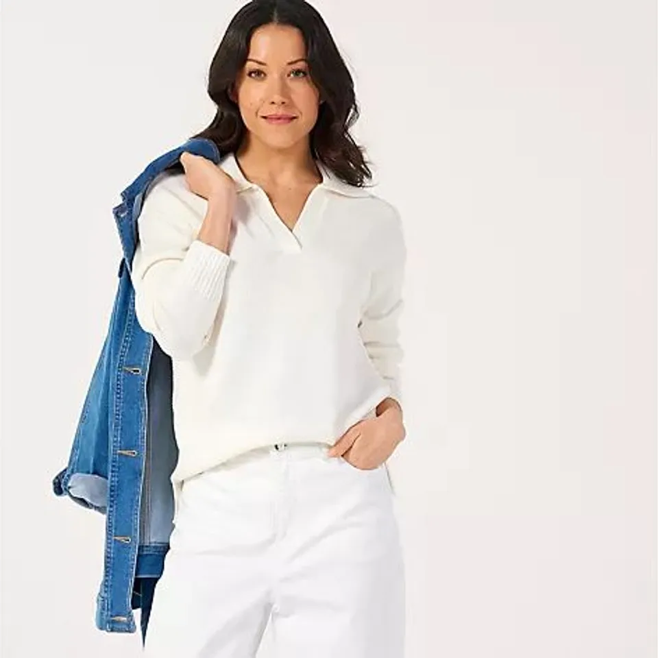 RUTH LANGSFORD COTTON RICH COLLARED JUMPER  IVORY EXTRA SMALL