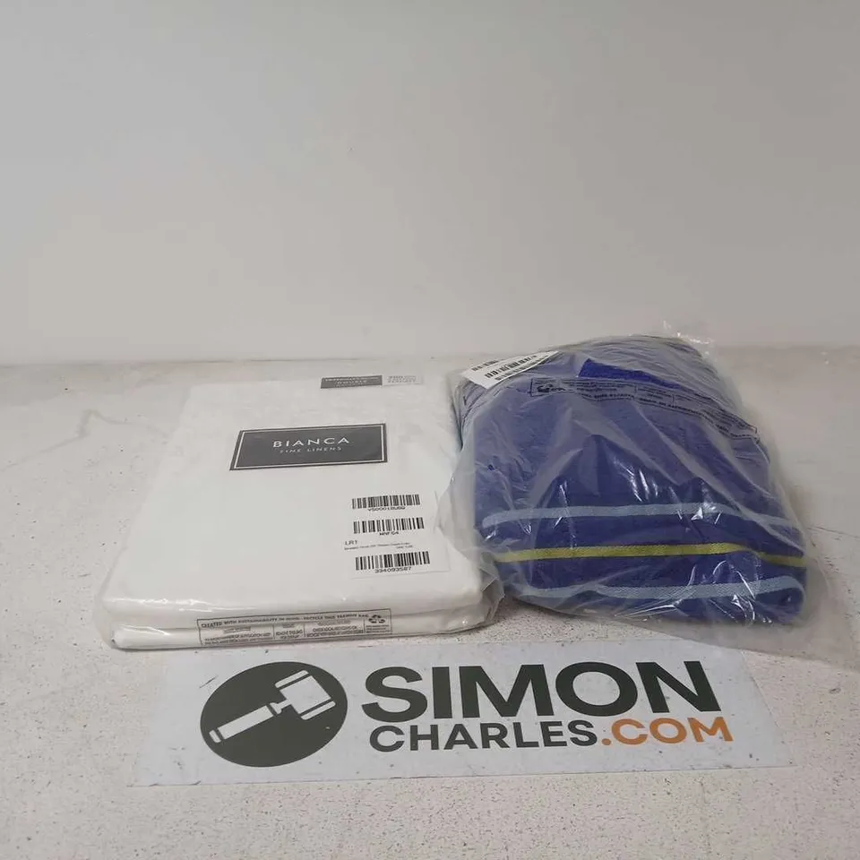 BOX OF APPROXIMATELY 10 ASSORTED HOUSEHOLD ITEMS TO INCLUDE BIANCA FINE LINENS DOUBLE DUVET SET, CATHERINE LANSFIELD BEACH TOWEL PAIR ETC