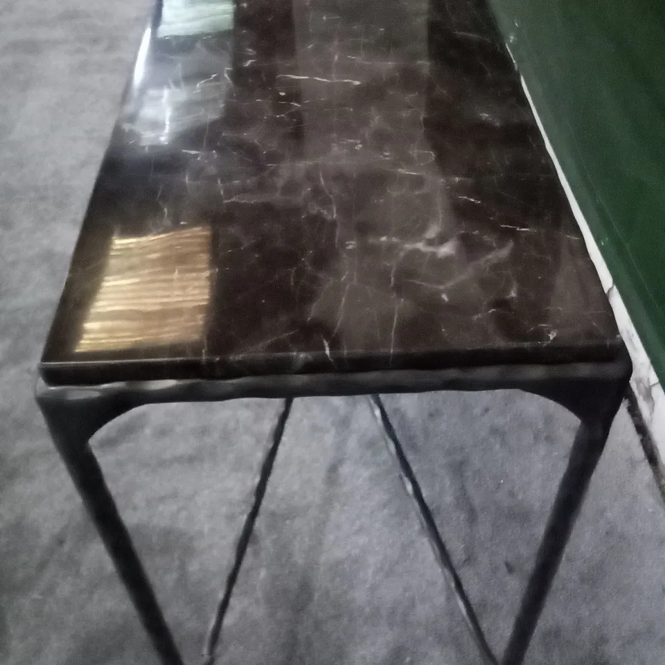 MARBLE TOPPED RECTANGULAR TABLE ON METAL BASE