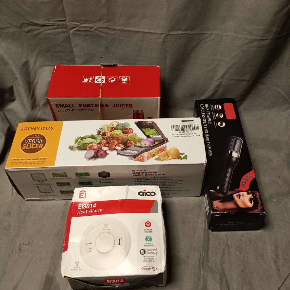 BOX OF APPROXIMATELY 15 ASSORTED HOUSEHOLD ITEMS TO INCLUDE SPLIT END HAIR TRIMMER, PORTABLE JUICER, HEAT ALARM, VEGGIE SLICER ETC