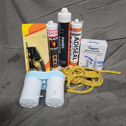 APPROXIMATELY 12 ASSORTED HOUSEHOLD ITEMS TO INCLUDE COFFEE MACHINE WATER FILTER, PROFESSIONAL ADHESIVE SEALANT, PLUG CRIMPER, ETC