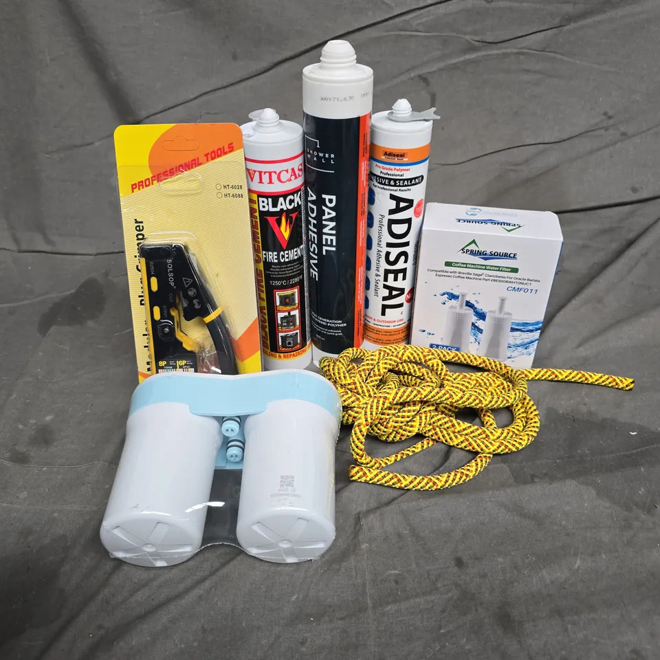APPROXIMATELY 12 ASSORTED HOUSEHOLD ITEMS TO INCLUDE COFFEE MACHINE WATER FILTER, PROFESSIONAL ADHESIVE SEALANT, PLUG CRIMPER, ETC