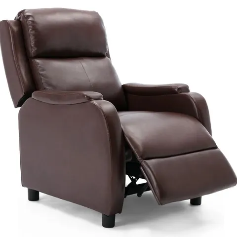 BOXED DESIGNER BROWN LEATHER PUSHBACK RECLINING EASY CHAIR
