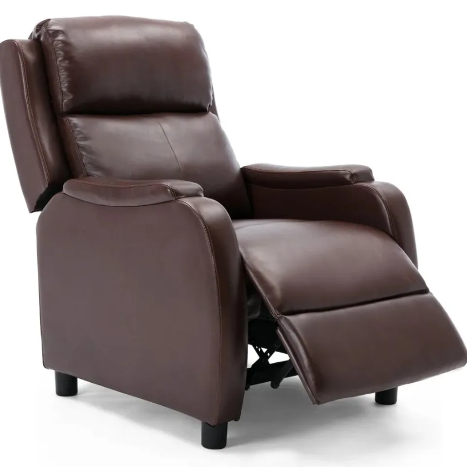 BOXED DESIGNER BROWN LEATHER PUSHBACK RECLINING EASY CHAIR