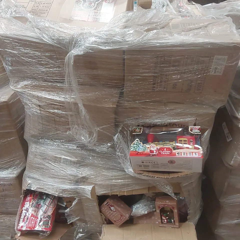 PALLET CONTAINING A VERY LARGE QUANTITY OF ASSORTED ITEMS INCLUDING: CHRISTMAS TRAINS, CHRISTMAS STORAGE BAGS, CHRISTMAS LETTER RACKS, LIGHT UP PENGUINS ECT