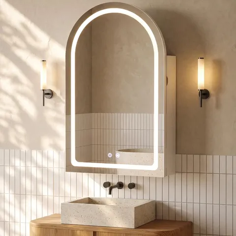BOXED ARCADIA ARCHED LED MIRROR CABINET WITH ANTI-FOG
