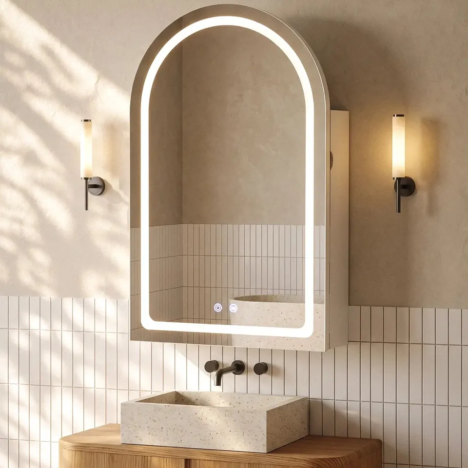 BOXED ARCADIA ARCHED LED MIRROR CABINET WITH ANTI-FOG