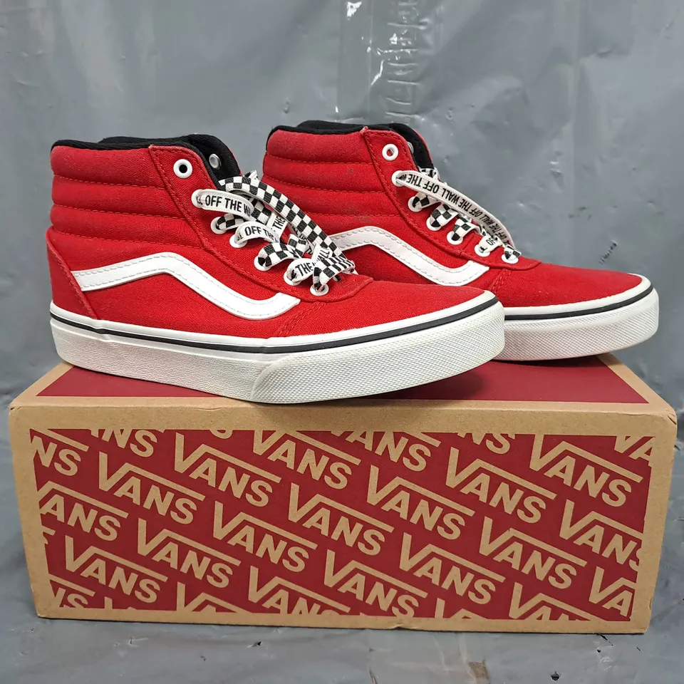 BOXED PAIR OF VANS WARD HI SHOES IN RED/WHITE SIZE UK 1