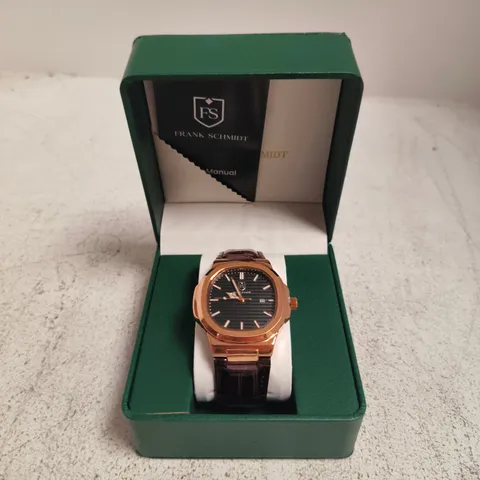 FRANK SCHMIDT WRISTWATCH IN GREEN PRESENTATION BOX – ROSE GOLD-TONE CASE, BROWN LEATHER STRAP