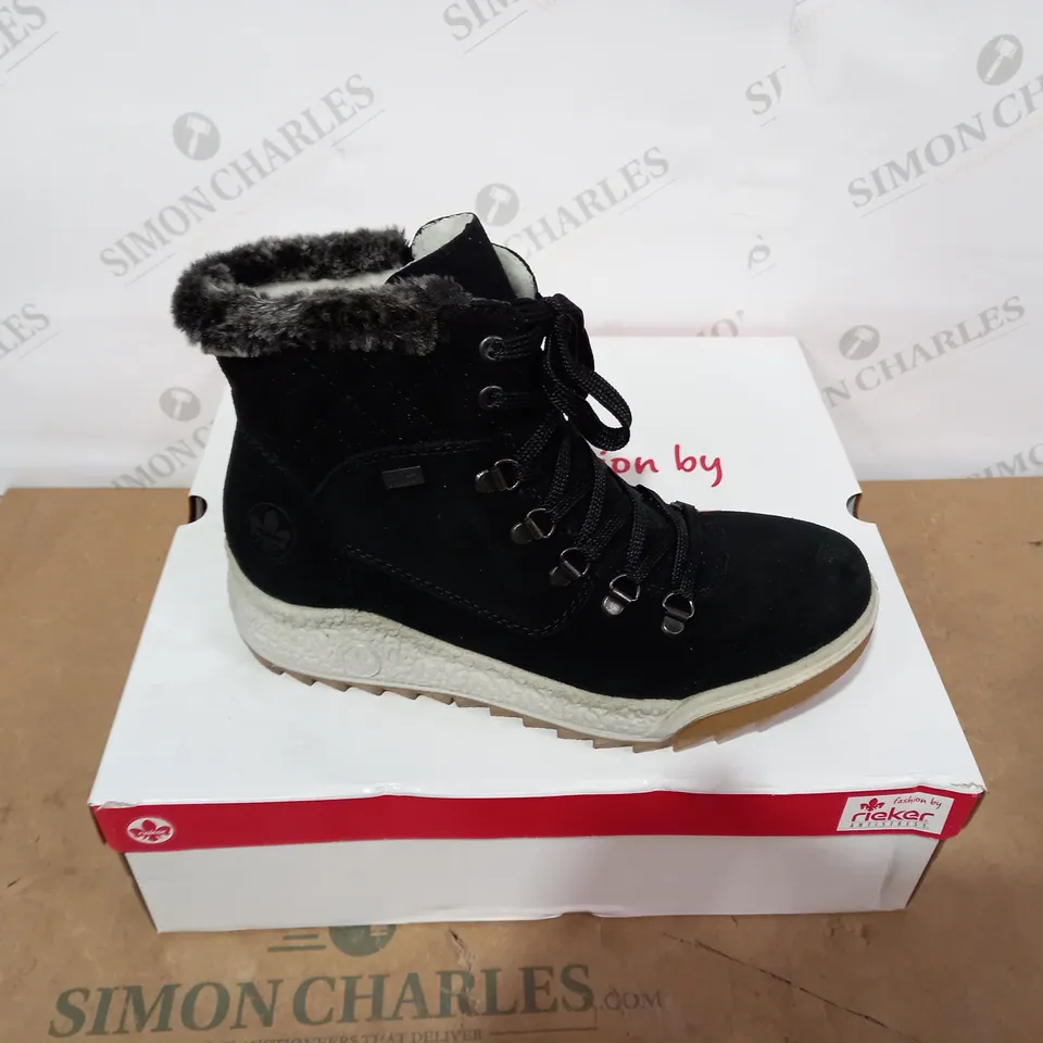 BOXED PAIR OF RIEKER BLACK BOOTS - SIZE 38