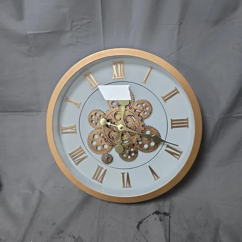 SKELETON GEAR WALL CLOCK – GOLD-TONE BEZEL, ROMAN NUMERALS