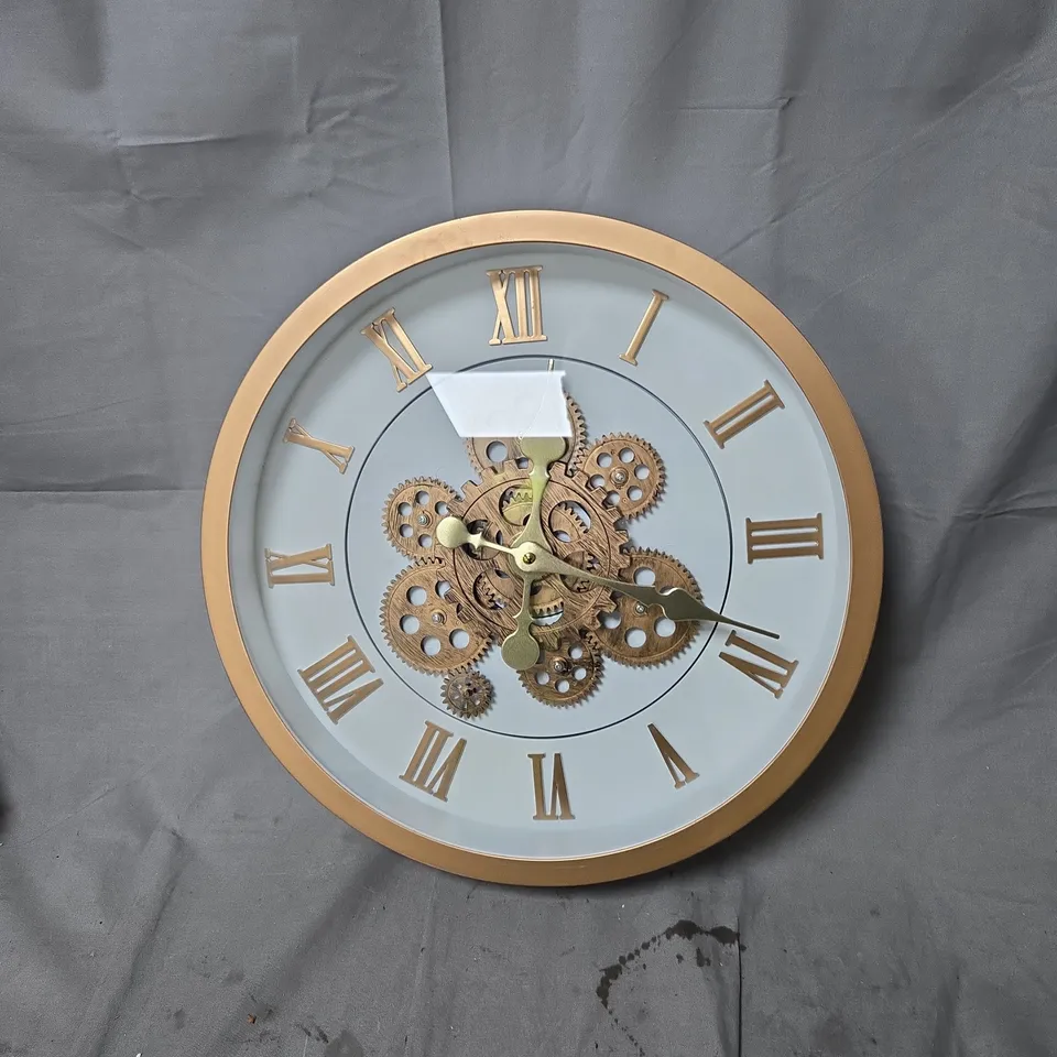 SKELETON GEAR WALL CLOCK – GOLD-TONE BEZEL, ROMAN NUMERALS