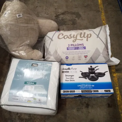 PALLET CONTAINING APPROXIMATELY 32 PRODUCTS INCLUDING PILLOWS, MATTRESS TOPPER & SCOVILLE COOKWARE SET