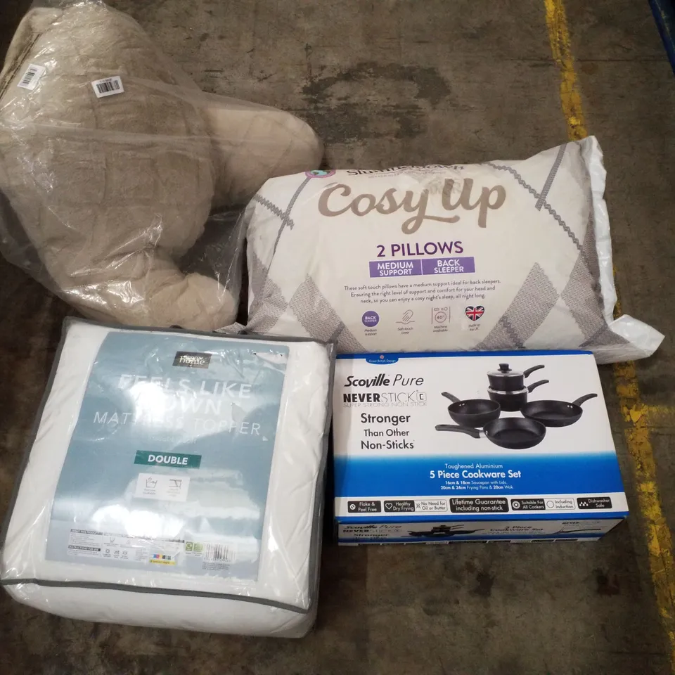 PALLET CONTAINING APPROXIMATELY 32 PRODUCTS INCLUDING PILLOWS, MATTRESS TOPPER & SCOVILLE COOKWARE SET