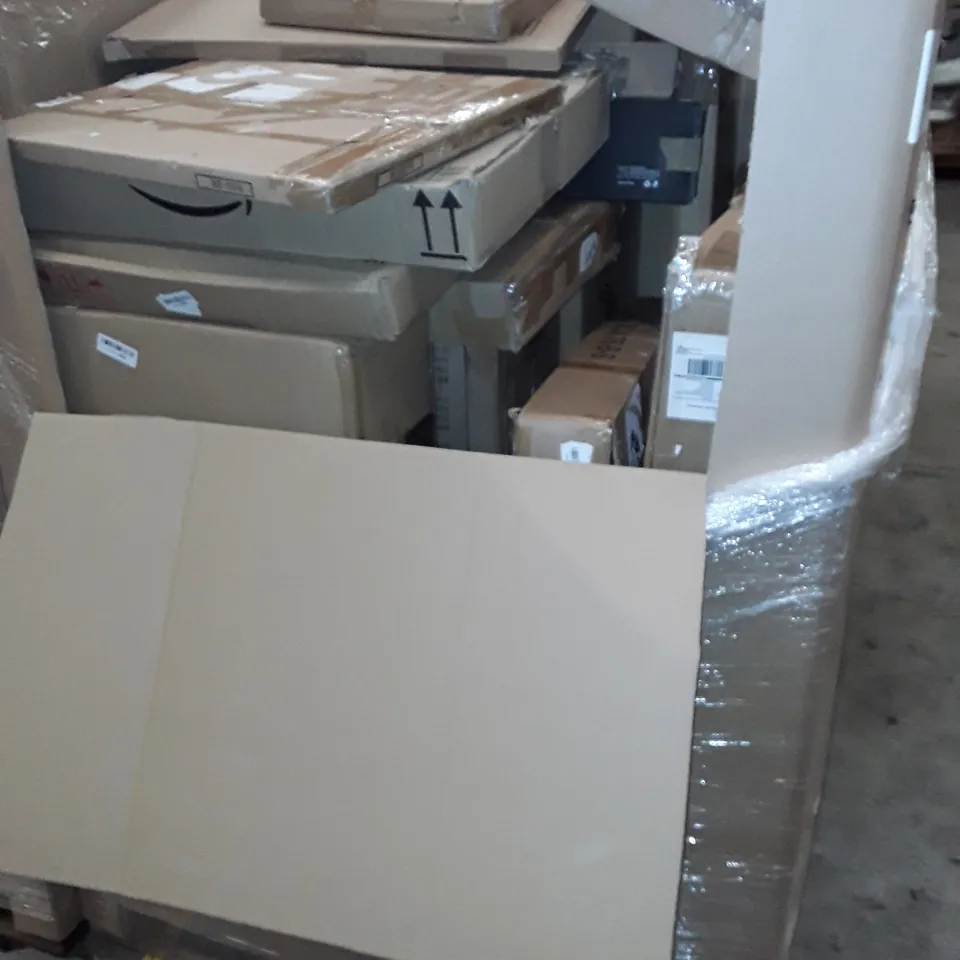 UNPROCESSED PALLET OF ASSORTED ITEMS TO INCLUDE VARIOUS PICTURE FRAMES, BLADELESS HEATER FAN, SOLAR PANEL AND WALL ART