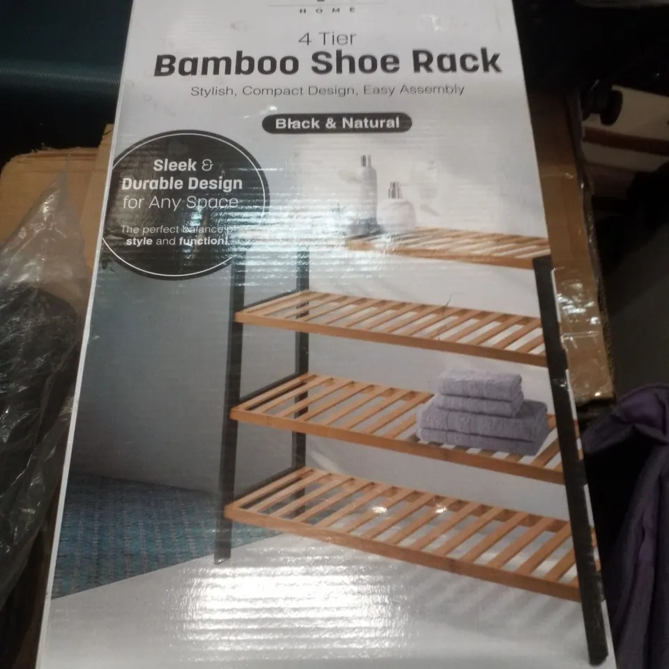 BOXED KEPLIN 4 TIER BAMBOO SHOE RACK - BLACK/NATURAL 