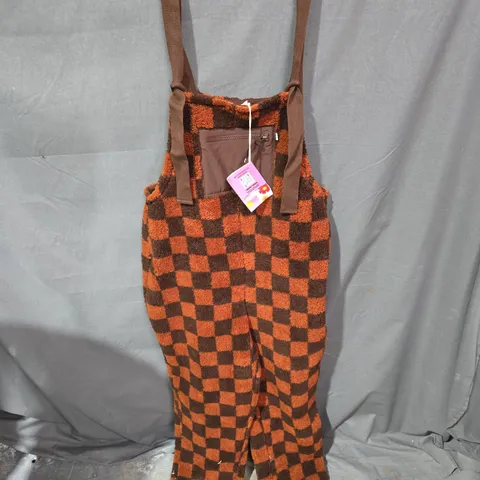 LUCY & YAK BROWN & ORANGE CHECK FLEECE DUNGAREES WITH SHOULDER STRAPS – SIZE 16