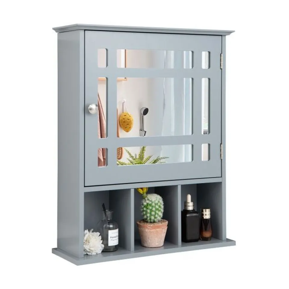 BOXED COSTWAY MIRROR DOOR CABINET WITH ADJUSTABLE SHELF AND 3 COMPARTMENTS - GREY