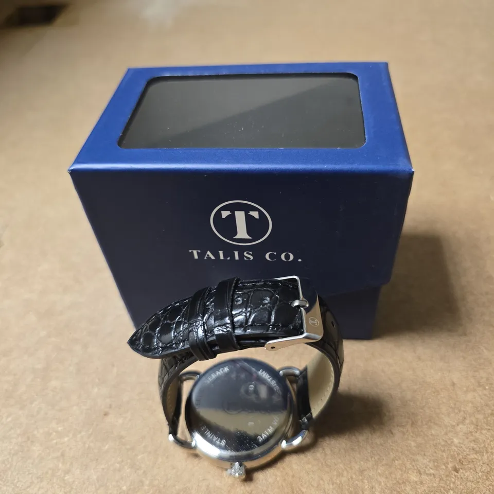 TALIS CO. WRISTWATCH – BLACK DIAL BLACK LEATHER STRAP, SILVER CASE