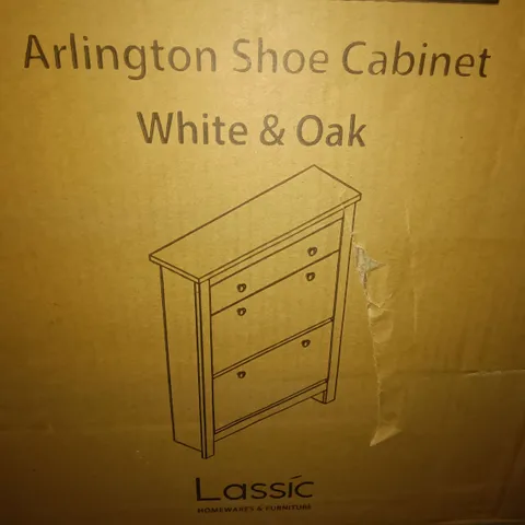 BOXED ARLINGTON SHOE CABINET IN WHITE/OAK - 1 OF 1