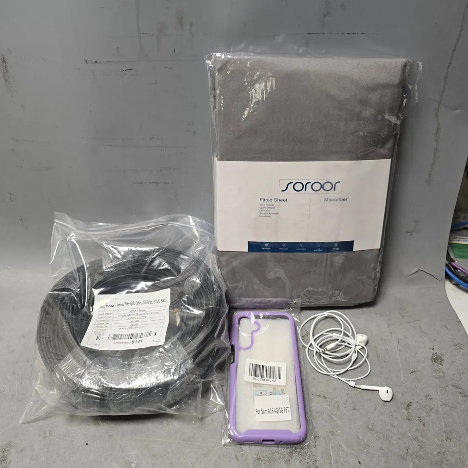 BOX OF APPROXIMATELY 20 ASSORTED BROKEN ITEMS TO INCLUDE -FIBRE OPTIC CABLE , SOROOR FITTED SHEET , WIRED EARPHONES ETC