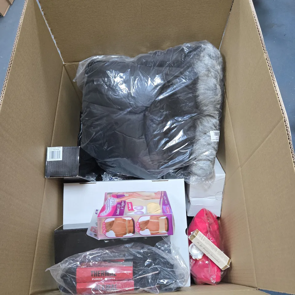 BOX OF APPROXIMATELY 20 ASSORTED HOUSEHOLD ITEMS TO INCLUDE COMFORTISSE UPLIFT BRA, CLOTHING, THERMAL FLEECE TIGHTS ETC