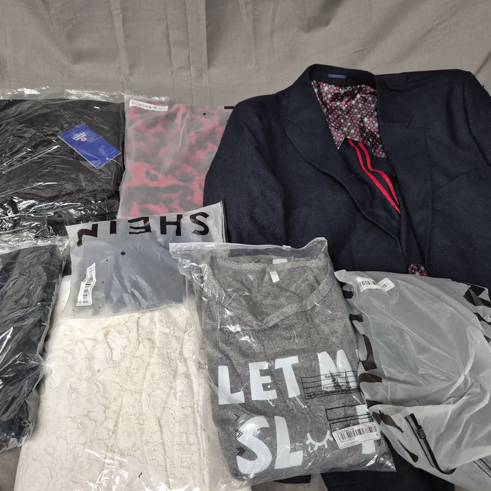 LARGE BOX OF ASSORTED CLOTHING ITEMS IN VARIOUS SIZES, STYLES AND COLOUR  TO INCLUDE BLAZER, T-SHIRT, PANTS, ETC