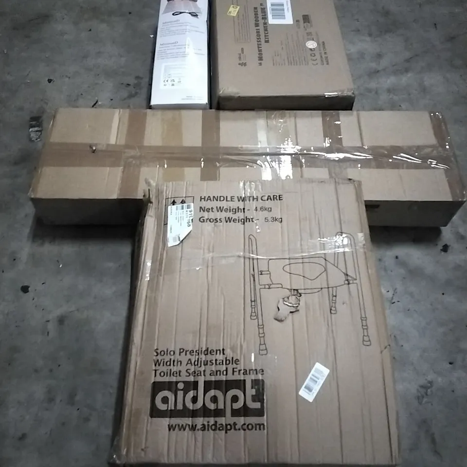 PALLET OF HOUSEHOLD ITEMS TO INCLUDE ELECTRIC FLOOR HEATING SYSTEM,MONTESSORI WOODEN KITCHEN BLUE,CONSOLE TABLE, TOILET SEAT AND FRAME AND OTHER ASSORTED ITEMS...