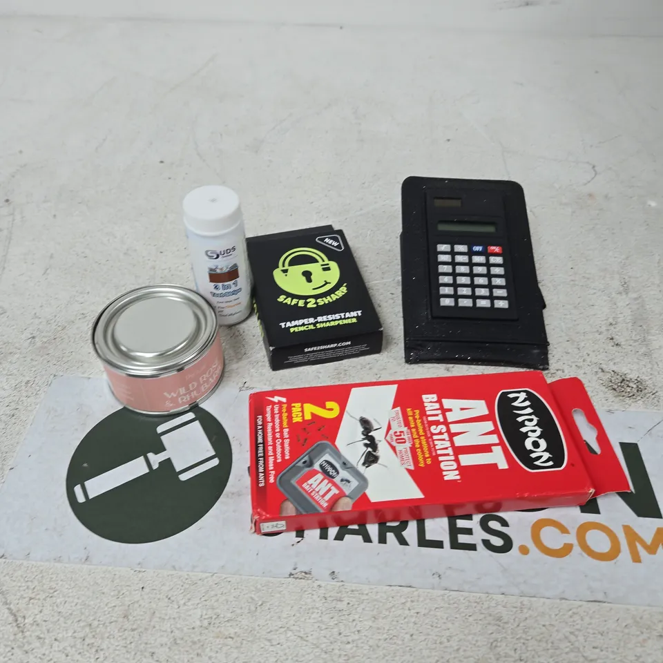 APPROXIMATELY 10 ASSORTED HOUSEHOLD PRODUCTS TO INCLUDE PENCIL SHARPENER, CALCULATOR, ANT BAIT STATION ETC 