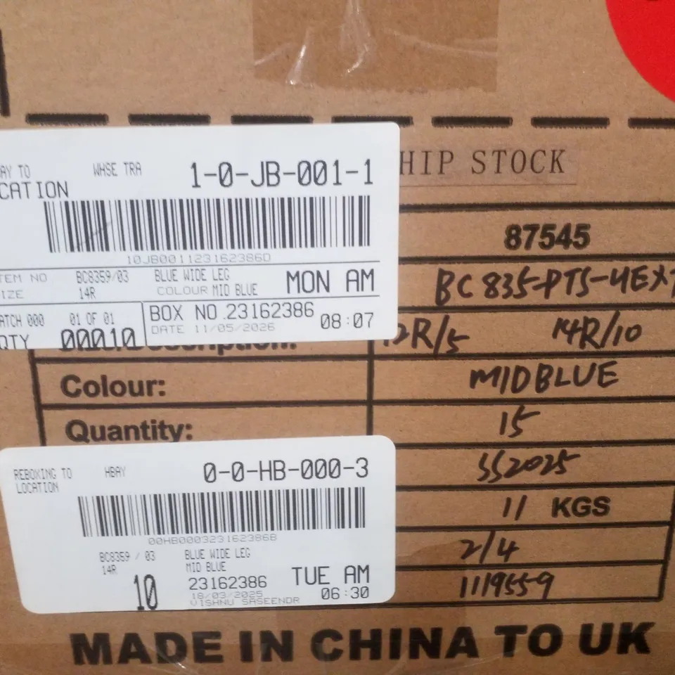 BOX CONTAINING APPROXIMATELY 10 BRAND NEW SIMPLY BE MID BLUE WIDE LEG TROUSERS - SIZE 14R