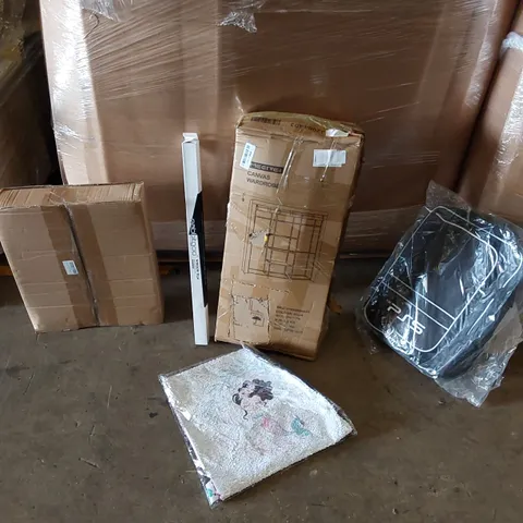 PALLET OF ASSORTED ITEMS INCLUDING,ANVAS WARDROBE, MICROWAVE OVEN RACKS, WINODOW FILMS, PS5 BACKPACK, MERMAID SEQUIN PILLOWCASES