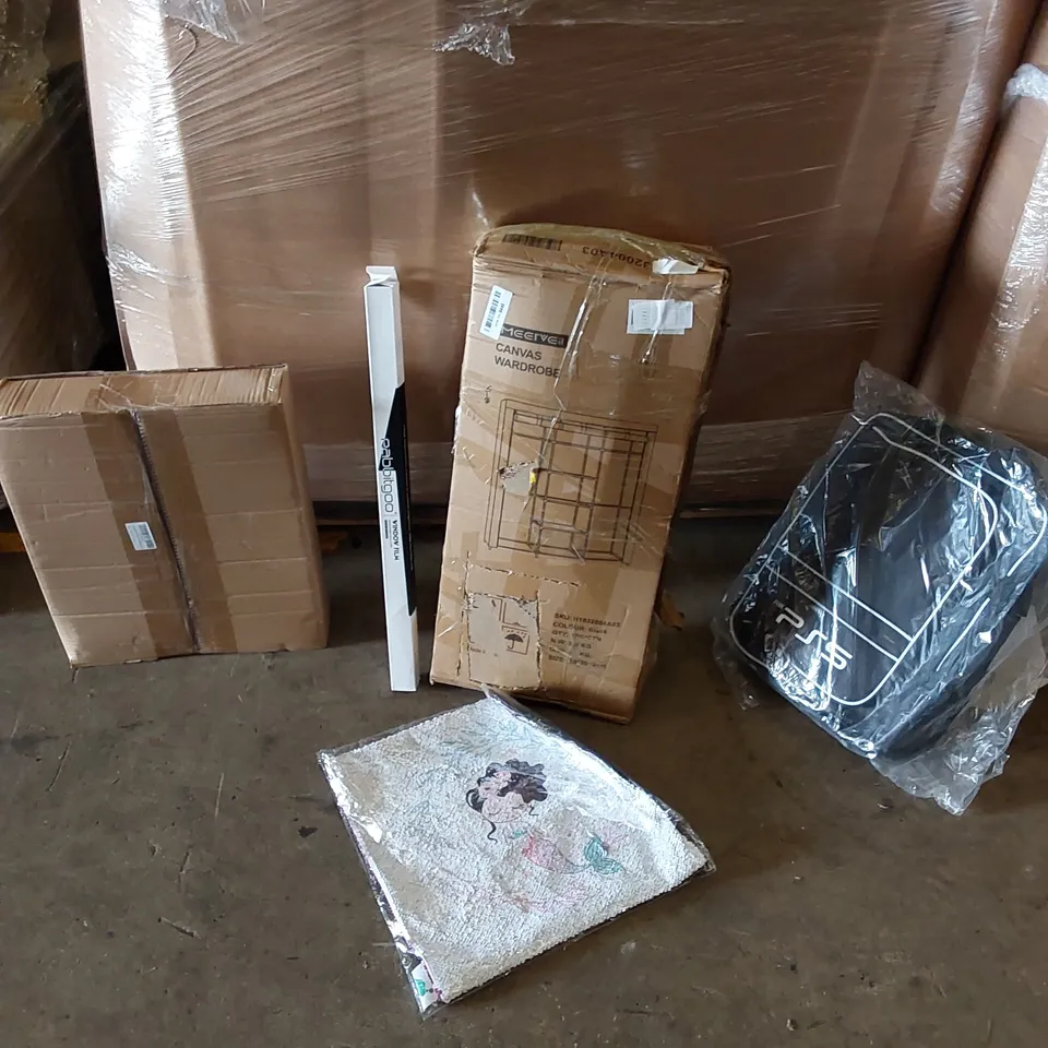 PALLET OF ASSORTED ITEMS INCLUDING,ANVAS WARDROBE, MICROWAVE OVEN RACKS, WINODOW FILMS, PS5 BACKPACK, MERMAID SEQUIN PILLOWCASES