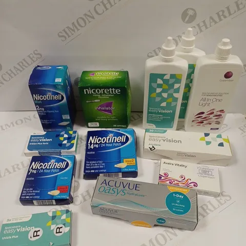 BOX OF APPROXIMATELY 30 ASSORTED HEALTH & EYECARE PRODUCTS TO INCLUDE NICORETTE INHALATOR, CONTACT LENSES, CONTACT SOLUTION ETC
