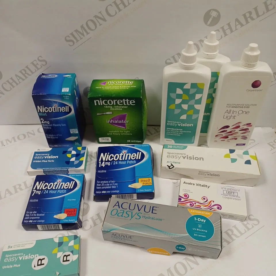 BOX OF APPROXIMATELY 30 ASSORTED HEALTH & EYECARE PRODUCTS TO INCLUDE NICORETTE INHALATOR, CONTACT LENSES, CONTACT SOLUTION ETC