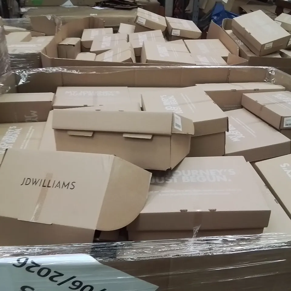 PALLET CONTAINING APPROXIMATELY 80X ASSORTED BRAND NEW DESIGNER SHOES INCLUDING: SIMPLY BE WHITE SHOES BLACK SOLE, HEAVENLY SOLE BLACK AND GOLD KNIT HEELS, JD WILLIAMS BLACK SHOES