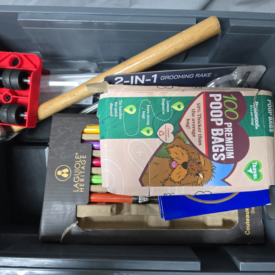 APPROXIMATELY 12 ASSORTED HOUSEHOLD ITEMS TO INCLUDE SPAIN SOUVENIR PLATE, STEAK KNIVES, 2-IN-1 GROOMING RAKE, ETC