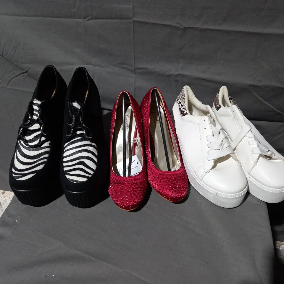 APPROXIMATELY 12 PAIRS OF ASSORTED SHOES TO INCLUDE CASANDRA HEELS IN GLITTER RED SIZE 4, CASANDRA WEDGE SHOES SIZE 6, CHUNKY WHITE TRAINERS SIZE 5