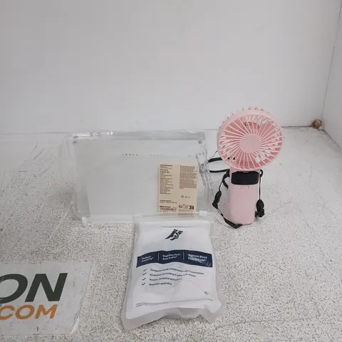 TOTE OF APPROXIMATELY 15 ASSORTED ITEMS TO INCLUDE HANDHELD FAN, MAGNETIC PICTURE FRAME, COMPRESSION SOCK ETC