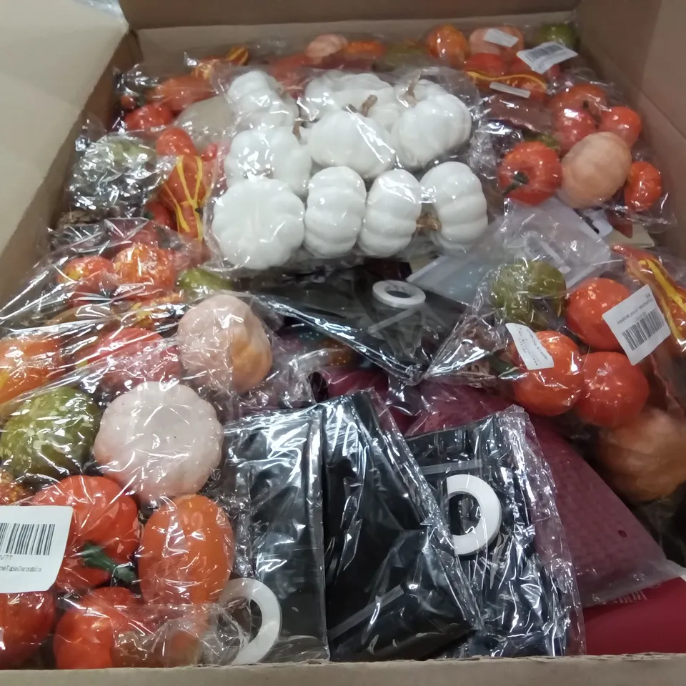 PALLET OF ASSORTED ITEMS INCLUDING 12PCS ARTIFICAL PUMPKINS, ELF ADHESIVE LETTERS, CHRISTMAS WOOD BEADS, IPHONE 11 CLEAR CASE, YOINS MAROON SWEATER