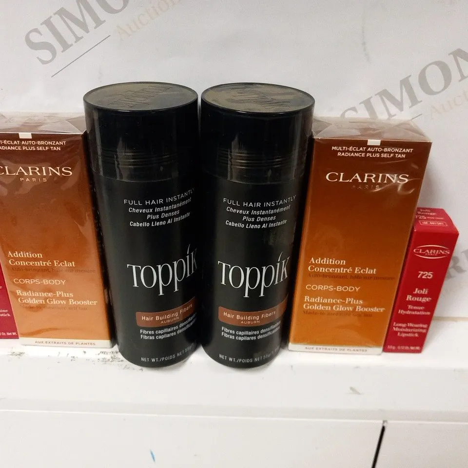 APPROXIMATELY 18 ASSORTED COSMETICS PRODUCTS T INCLUDE; CLARINS PARIS AND TOPPIK