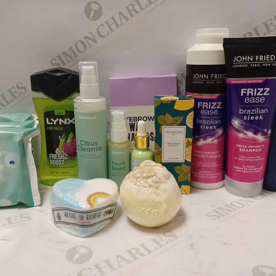 LOT OF 10 ASSORTED BEAUTY PRODUCTS TO INCLUDE WILDMINT CITRUS CLEANSE, JOHN FRIEDA SHAMPOO, NIVEA MEN SHOWER GEL, ETC