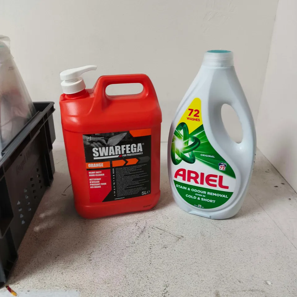 TOTE OF APPROXIMATELY 4 ASSORTED ITEMS TO INCLUDE: SWARFEGA AND ARIEL